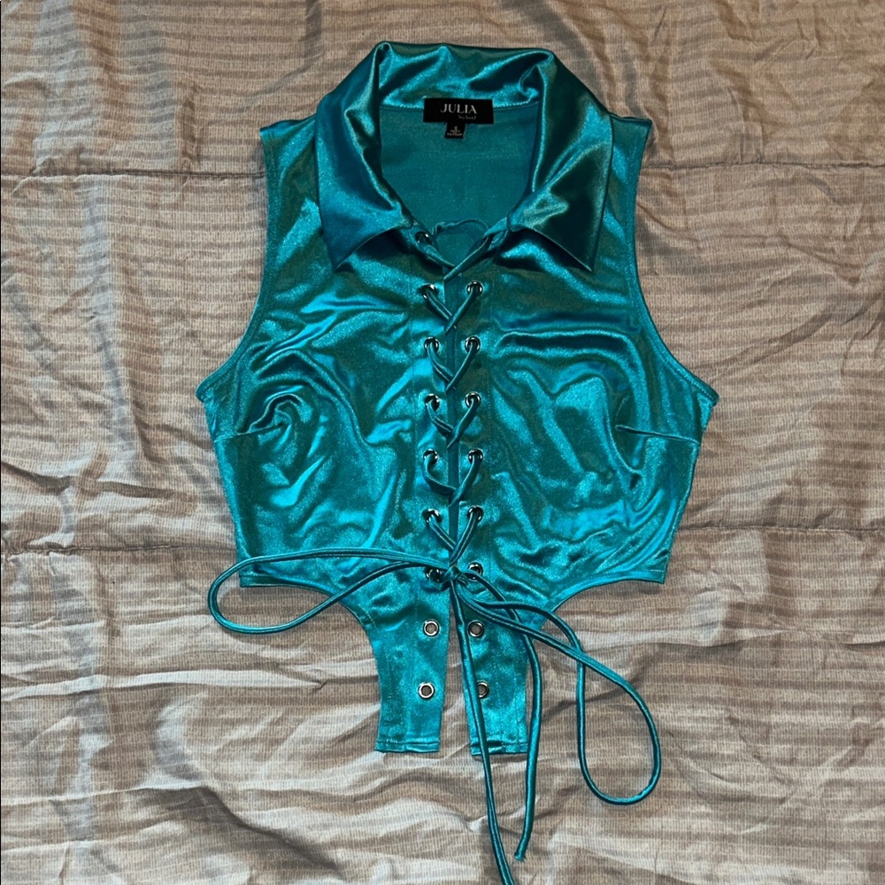 Teal Satin Lace-Up Cropped Top